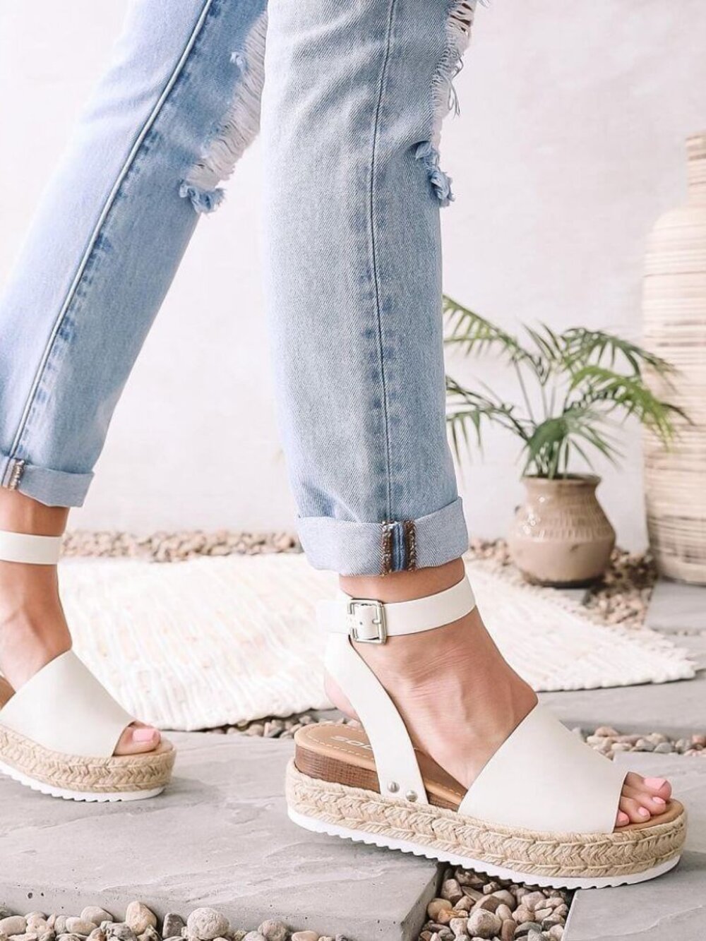 New🔥 White Espadrille Raffia Sandals Open Toe Ankle Strap Wedge Platform Heel - Picture 2 of 5